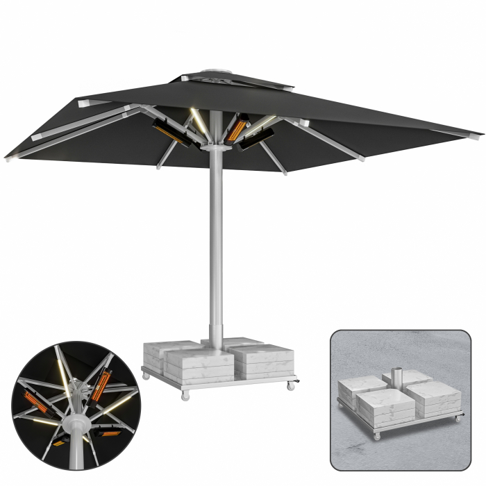 SUN LEON | Parasol Gastro Premium | B:T 600 x 600 cm | Noir | LED + Chauffage 230V + Socle en marbre 320 kg | Carré