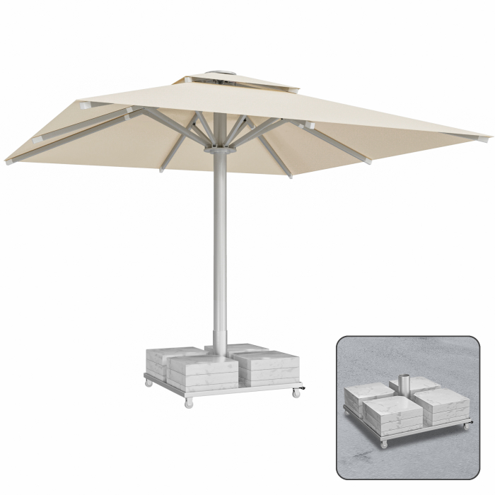 SUN LEON | Parasol Gastro Premium | B:T 600 x 600 cm | Taupe | Socle en marbre 320 kg | Carré
