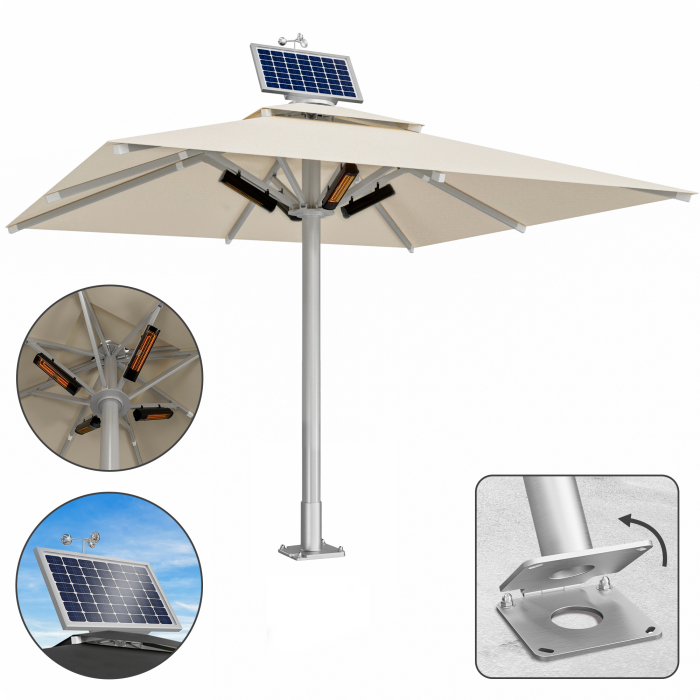SUN LEON | Gastro Sunshade Premium | B:T 400 x 400 cm | Taupe | Heating 230V + Motor + Anchor Plate Hinge | Square