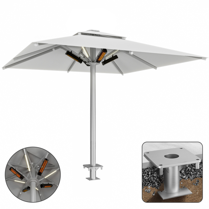 SUN LEON | Gastro Umbrella Premium | B:T 400 x 400 cm | Gray | LED + Heating 230V + Anchor Sleeve | Square