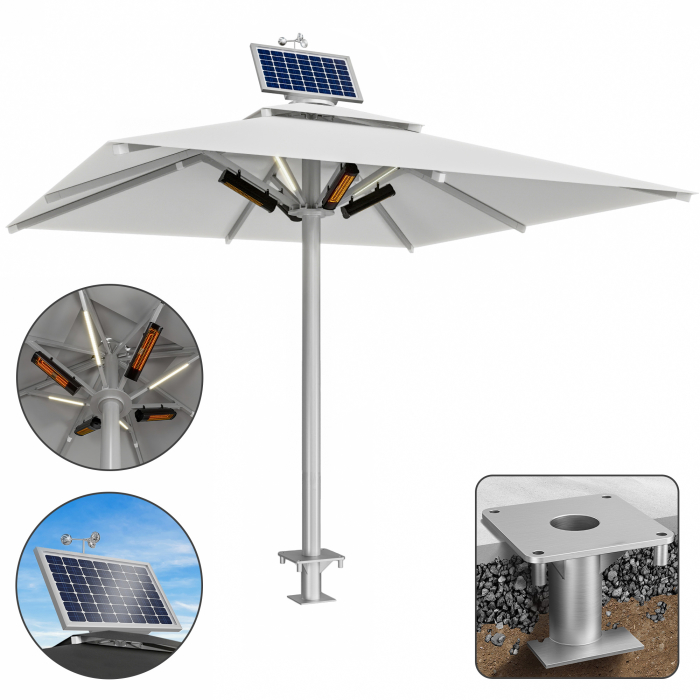 SUN LEON | Luksusowy parasol gastronomiczny | B:T 600 x 600 cm | Szary | LED + Ogrzewanie 230V + Silnik + Kołek mocujący | Kwadratowy