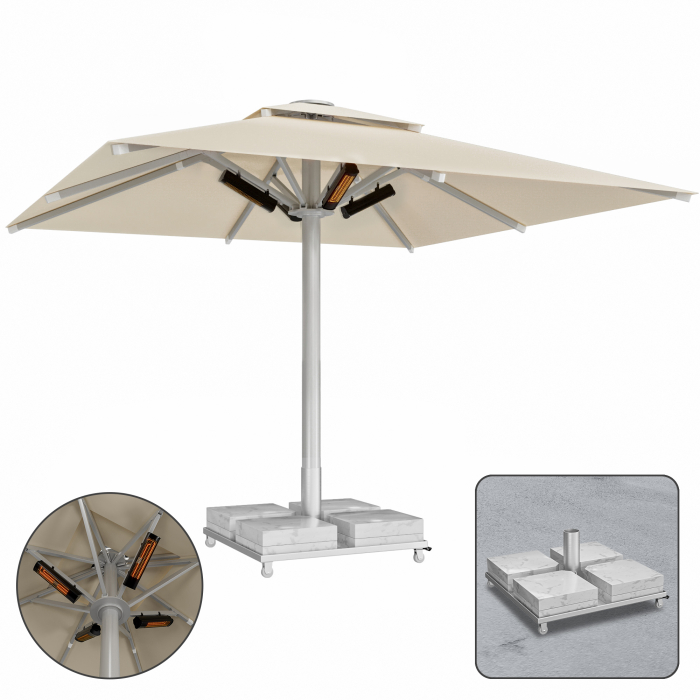 SUN LEON | Ombrellone Gastro Premium | B:T 400 x 400 cm | Tortora | Riscaldamento 230V + Base in marmo 260 kg | Quadrato
