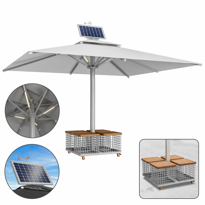 SUN LEON | Ombrellone Gastro Premium | B:T 400 x 500 cm | Grigio | LED + Motore + Cesto in acciaio | Rettangolare