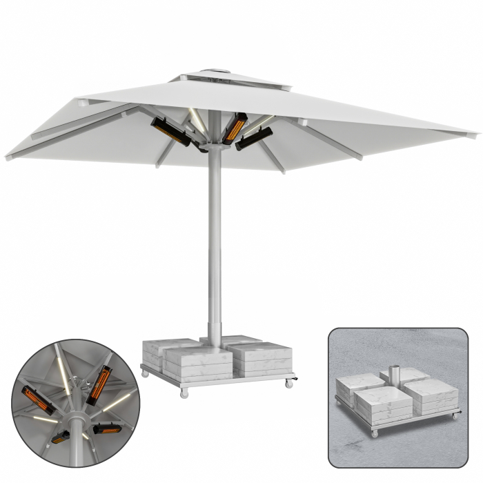 SUN LEON | Parasol Gastro Premium | B:T 400 x 400 cm | Gris | LED + Chauffage 230V + Socle en marbre 320 kg | Carré