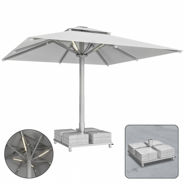 SUN LEON | Parasol Gastro Premium | B:T 400 x 400 cm | Gris | LED + Socle en marbre 320 kg | Carré