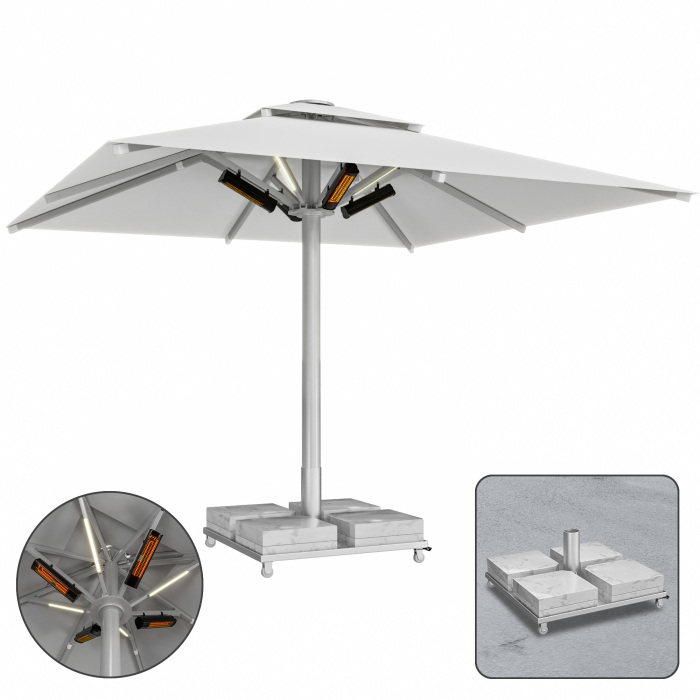 SUN LEON | Parasol Gastro Premium | B:T 500 x 500 cm | Gris | LED + Calefacción 230V + Base de mármol 260 kg | Cuadrado