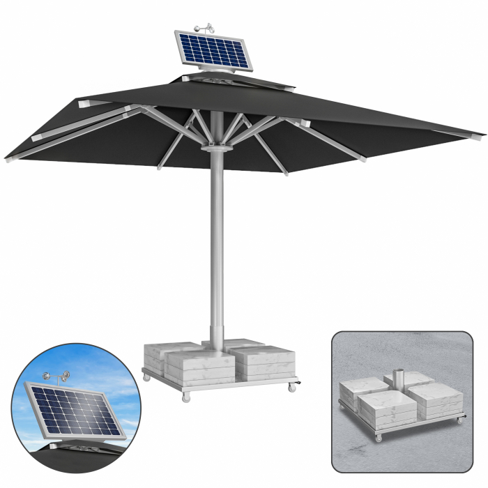 SUN LEON | Parasol Gastro Premium | B:T 500 x 500 cm | Noir | Moteur + Support de parasol en marbre 320 kg | Carré