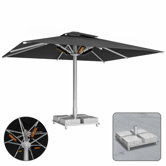 SUN LEON | Parasol Gastro Premium | B:T 500 x 600 cm | Noir | Chauffage 230V + Pied de parasol en marbre 260 kg | Rectangulaire