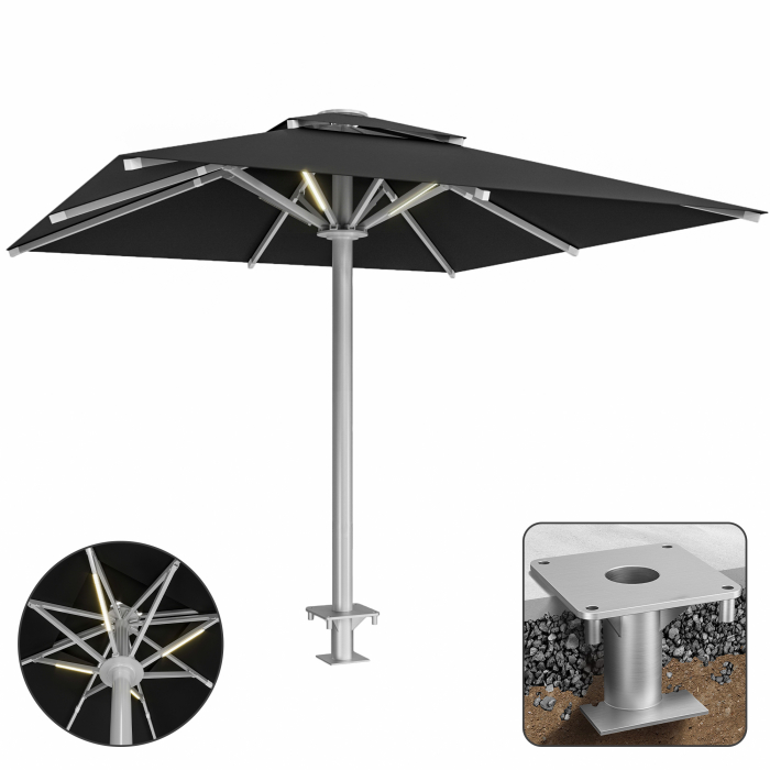 SUN LEON | Parasol Gastro Premium | B:T 600 x 600 cm | Noir | LED + manchon d'ancrage | Carré