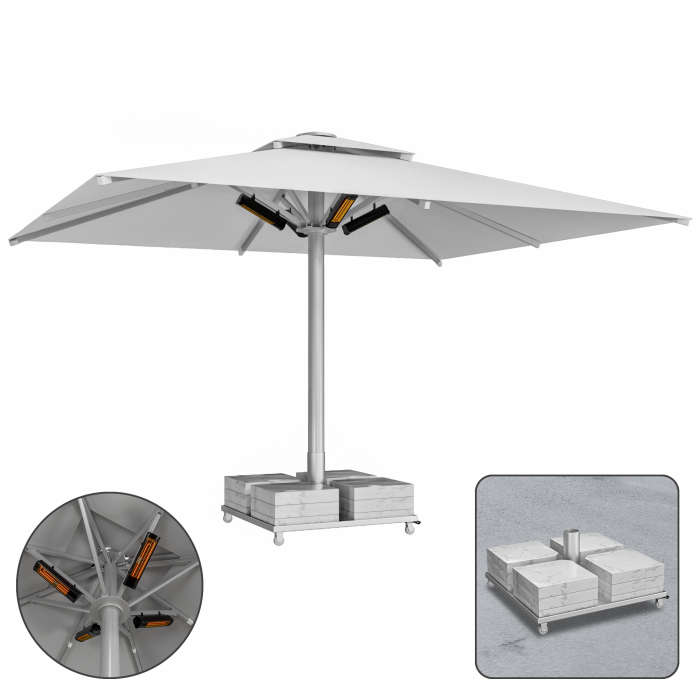 SUN LEON | Parasol Gastro Premium | L:T 500 x 600 cm | Gris | Chauffage 230V + Socle en marbre 320 kg | Rectangulaire