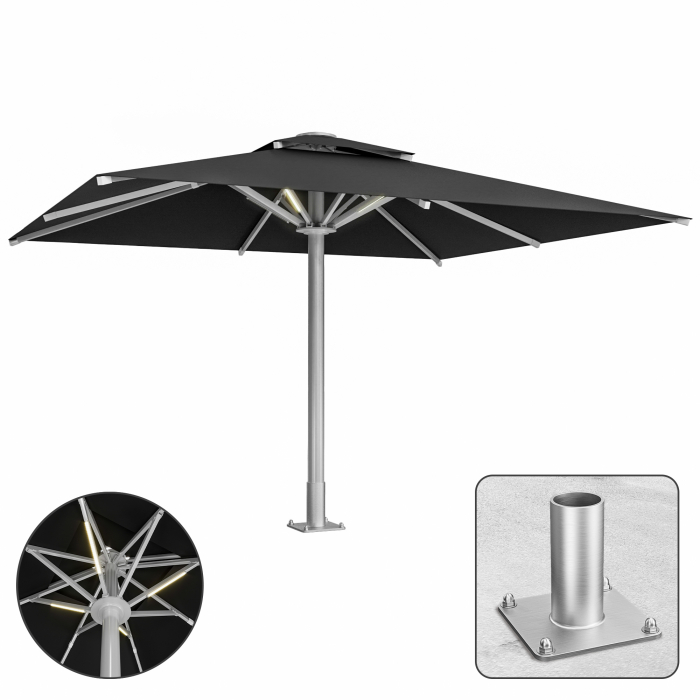 SUN LEON | Parasolka gastronomiczna Premium | B:T 400 x 500 cm | Czarne | LED + Płyta kotwicząca | Prostokątna
