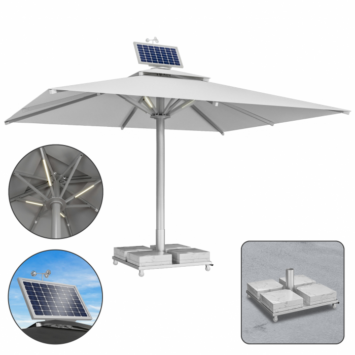 SUN LEON | Sombrilla de Gastro Premium | B:T 500 x 600 cm | Gris | LED + Motor + Base de mármol 260 kg | Rectangular