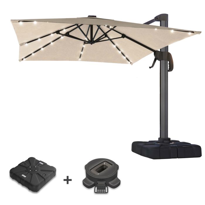 SUN LUIS | Sonnenschirm | Quadratisch | B:T 300 x 300 cm | Taupe | LED | +Ständer & Schwenkfuß
