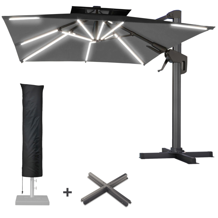 SUN PIETRO | Sonnenschirm | Quadratisch | B:T 300 x 300 cm | Schwarz | LED | +Ständer & Hülle
