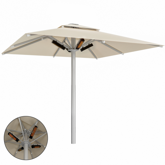 SUN LEON | Parasol Gastro Premium | B:T 400 x 400 cm | Taupe | Chauffage 230V | Carré