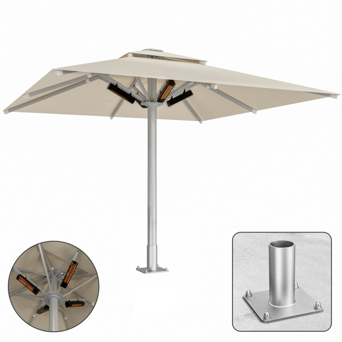 SUN MATEO | Parasol Gastro | B:T 350 x 350 cm | Taupe | Chauffage 230V + plaque d'ancrage | Carré