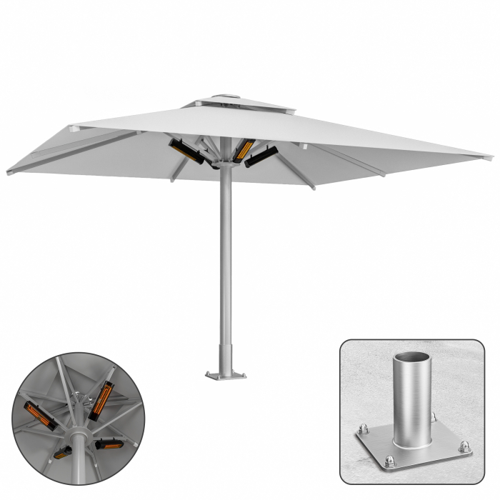 SUN MATEO | Parasol Gastro | L: 300 x 400 cm | Gris | Chauffage 230V + Plaque d’ancrage | Rectangulaire