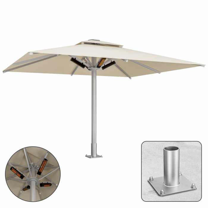 SUN MATEO | Parasol Gastro | B:T 300 x 400 cm | Taupe | Chauffage 230V + Plaque d'ancrage | Rectangulaire