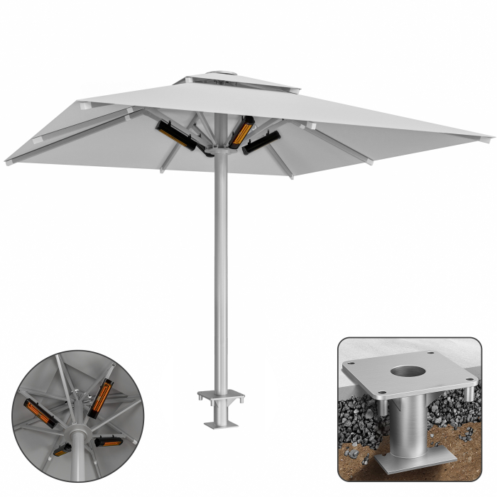 SUN MATEO | Parasol Gastro | B:T 300 x 300 cm | Gris | Chauffage 230V + Douille d'ancrage | Carré