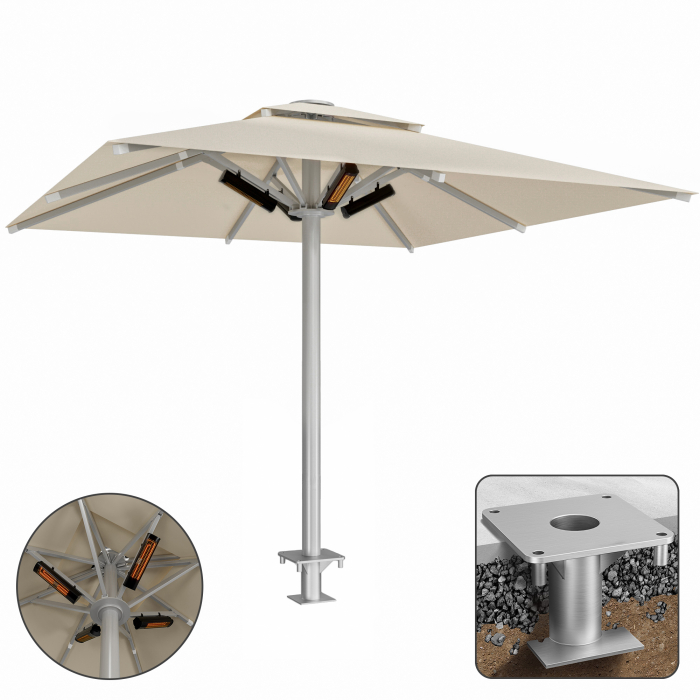 SUN MATEO | Parasol Gastro | B:T 300 x 300 cm | Taupe | Chauffage 230V + Bouchon d’ancrage | Carré