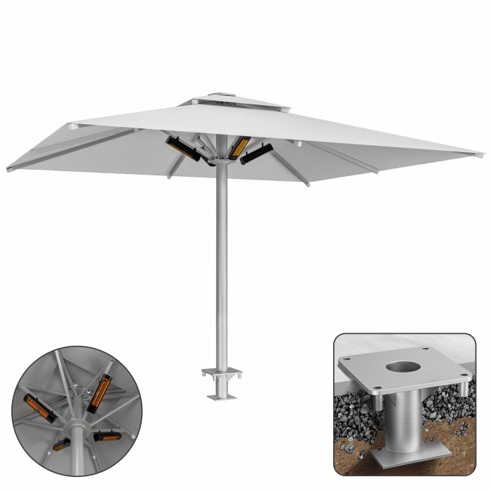 SUN LEON | Parasol Gastro Premium | B:T 400 x 500 cm | Gris | Chauffage 230V + Manchon d'ancrage | Rectangulaire