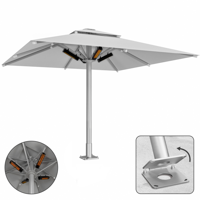 SUN LEON | Parasoleil Gastro Premium | B:T 400 x 400 cm | Gris | Chauffage 230V + Plaque d'ancrage à charnière | Carré