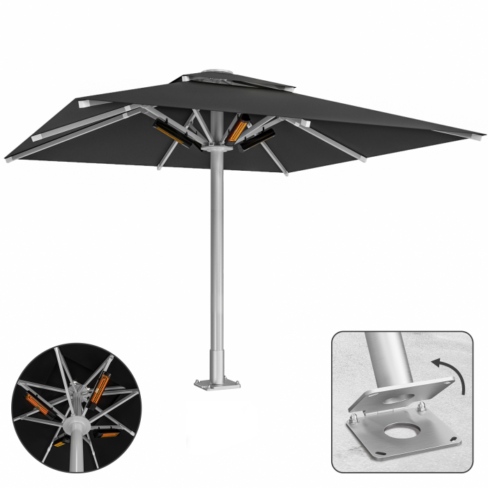 SUN MATEO | Parasol Gastro | B:T 300 x 300 cm | Noir | Chauffage 230V + Plaque d'ancrage charnière | Carré