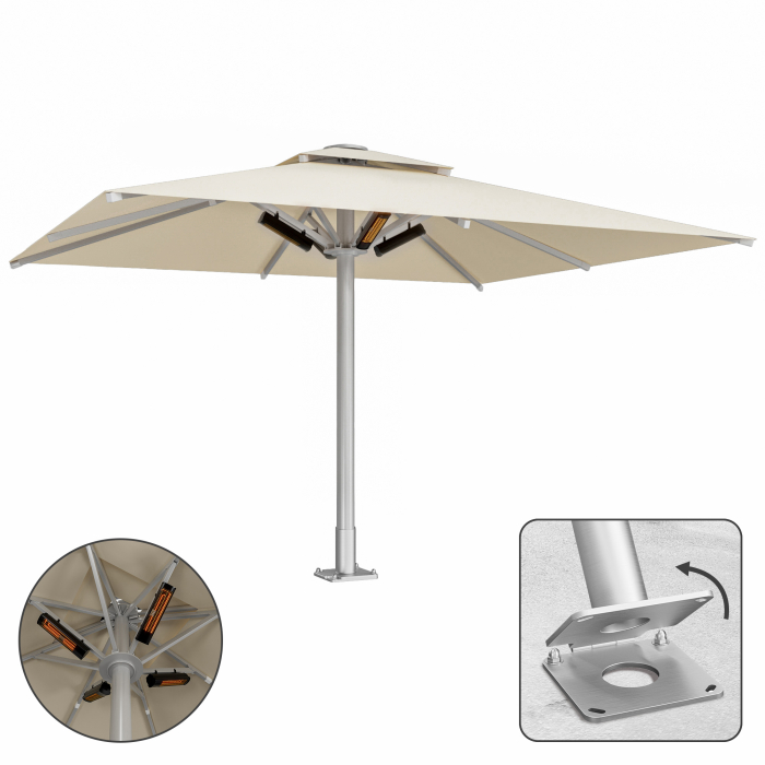 SUN LEON | Parasol Gastro Premium | B:T 400 x 500 cm | Taupe | Chauffage 230V + Plaque d'ancrage à charnière | Rectangulaire