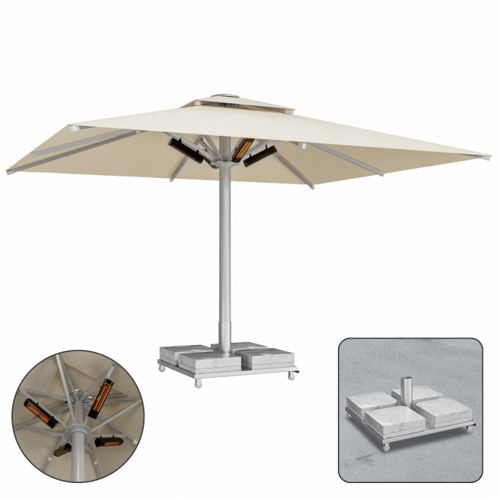 SUN LEON | Gastro Sonnenschirm Premium | B:T 400 x 500 cm | Taupe | Heizung 230V + Marmor Schirmständer 260 kg | Rechteckig