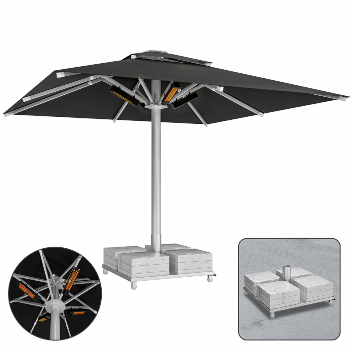 SUN LEON | Gastro Sonnenschirm Premium | B:T 500 x 500 cm | Schwarz | Heizung 230V + Marmor Schirmständer 320 kg | Quadratisch