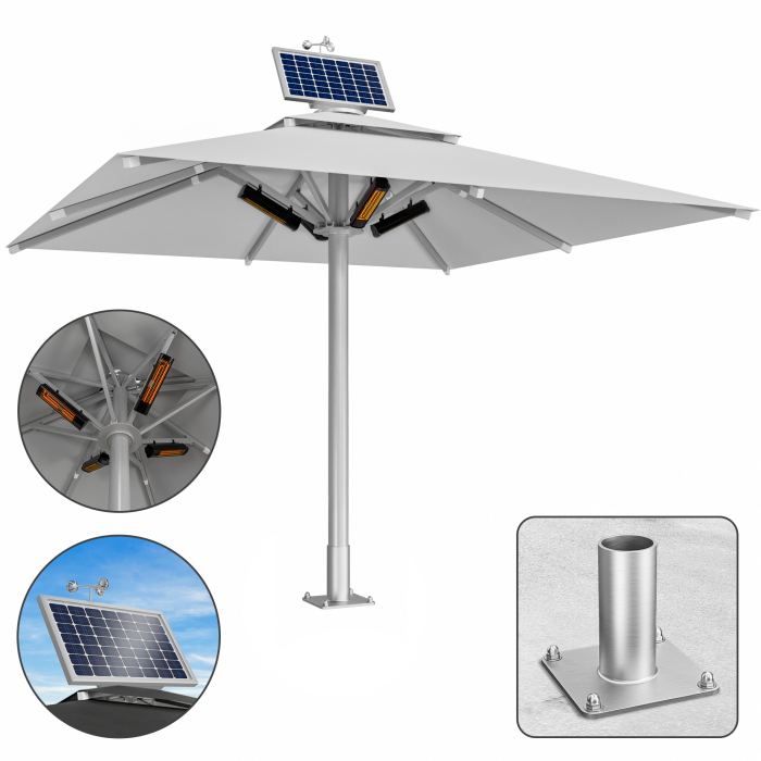 SUN LEON | Parasol Gastro Premium | B:T 400 x 400 cm | Gris | Chauffage 230V + Moteur + Plaque d'ancrage | Carré