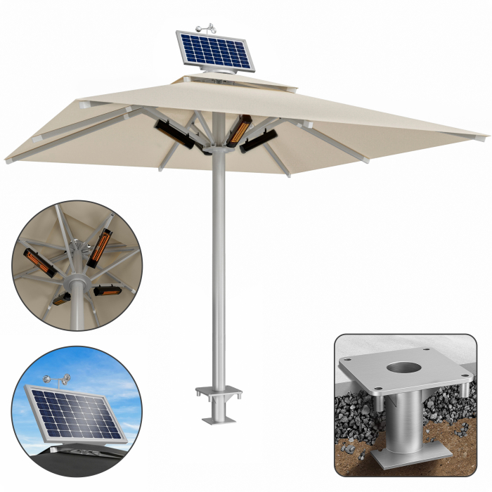 SUN LEON | Gastro Solskærm Premium | B:T 500 x 500 cm | Taupe | Varme 230V + Motor + Ankerhuls | Firkantet