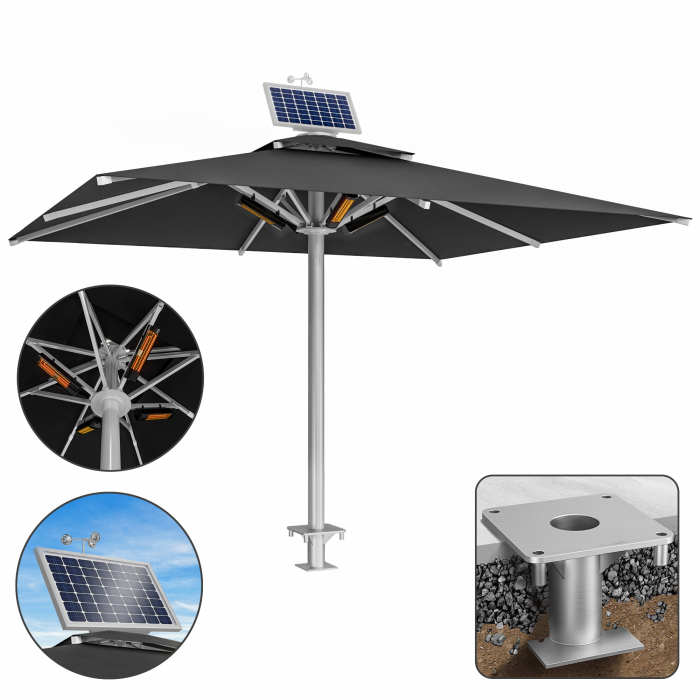 SUN LEON | Parasol Gastro Premium | B:T 500 x 600 cm | Noir | Chauffage 230V + Moteur + Douille d'ancrage | Rectangulaire