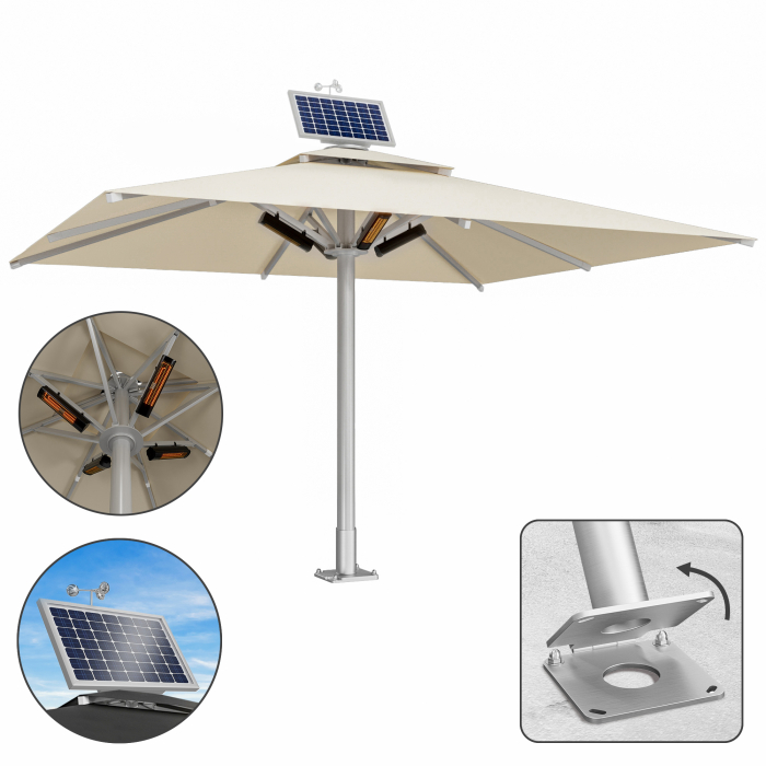 SUN LEON | Parasol Gastro Premium | B:T 500 x 600 cm | Taupe | Chauffage 230V + Moteur + Plaque d'ancrage à charnière | Rectangulaire