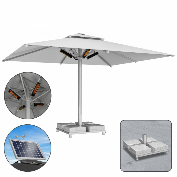 SUN LEON | Gastro Sonnenschirm Premium | B:T 500 x 600 cm | Grau | Heizung 230V + Motor + Marmor Schirmständer 260 kg | Rechteckig