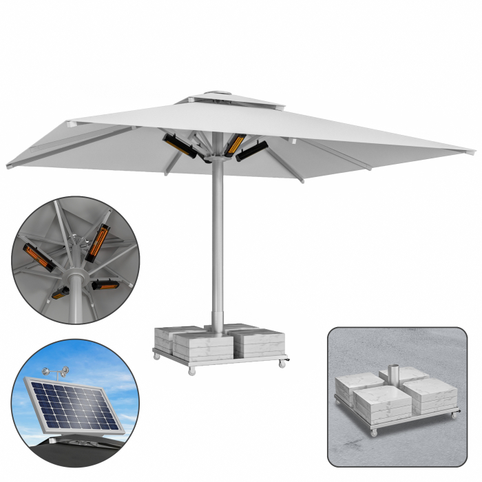 SUN LEON | Gastro Sonnenschirm Premium | B:T 500 x 600 cm | Grau | Heizung 230V + Motor + Marmor Schirmständer 320 kg | Rechteckig