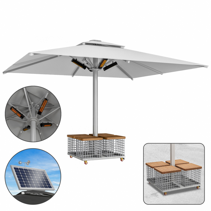SUN LEON | Parasol Gastro Premium | B:T 400 x 500 cm | Gris | Chauffage 230V + Moteur + Panier en acier | Rectangulaire