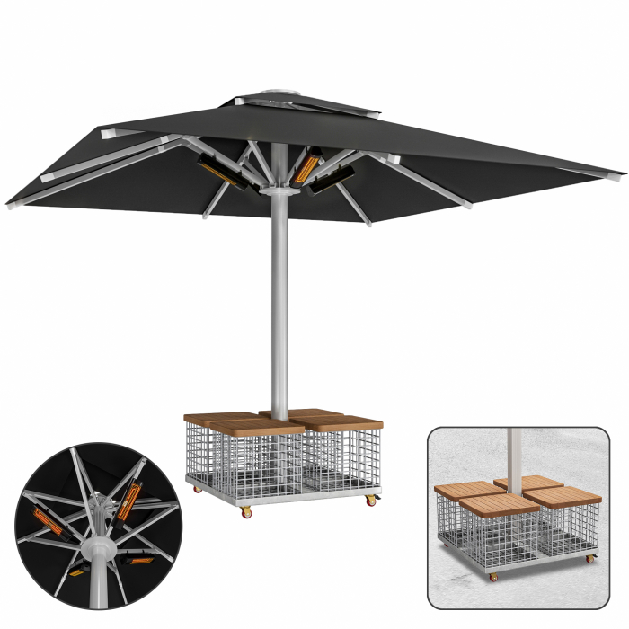 SUN MATEO | Parasol de terrasse | B:T 400 x 400 cm | Noir | Chauffage 230V + panier en acier | Carré