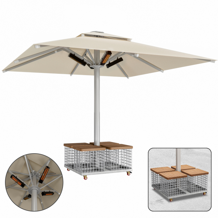 SUN MATEO | Parasol Gastro | B:T 400 x 400 cm | Taupe | Chauffage 230V + panier en acier | Carré