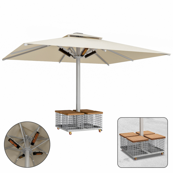 SUN LEON | Parasol Gastro Premium | L: 500 x 600 cm | Taupe | Chauffage 230V + panier en acier | Rectangulaire