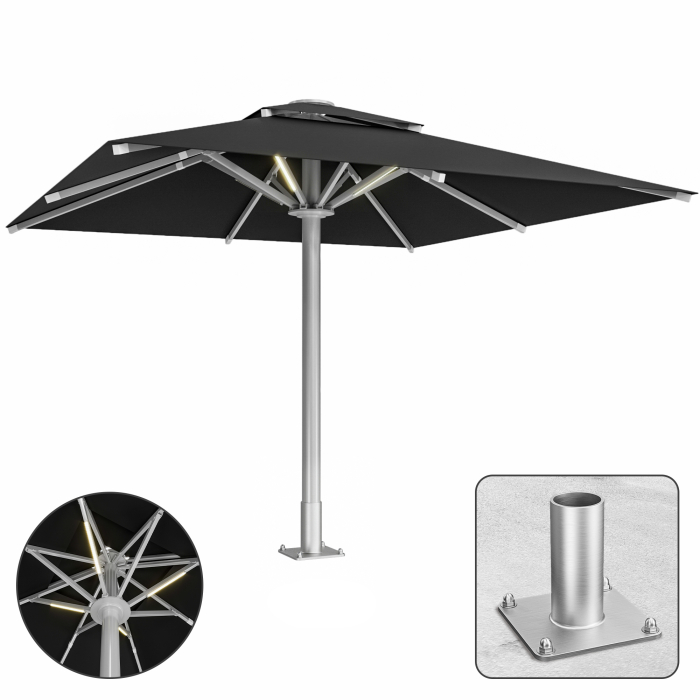 SUN LEON | Parasol Gastro Premium | B:T 400 x 400 cm | Noir | LED + Plaque d'ancrage | Carré