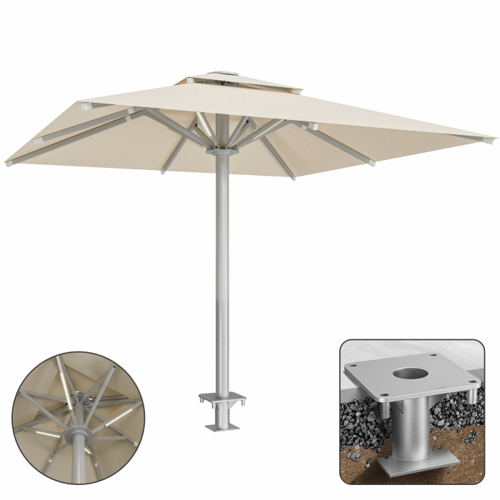 SUN LEON | Parasol Gastro Premium | B:T 400 x 400 cm | Taupe | LED + Manchon d'ancrage | Carré
