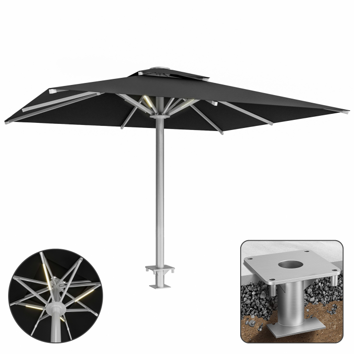SUN LEON | Parasol Gastro Premium | B:T 400 x 500 cm | Noir | LED + manchon d'ancrage | Rectangulaire