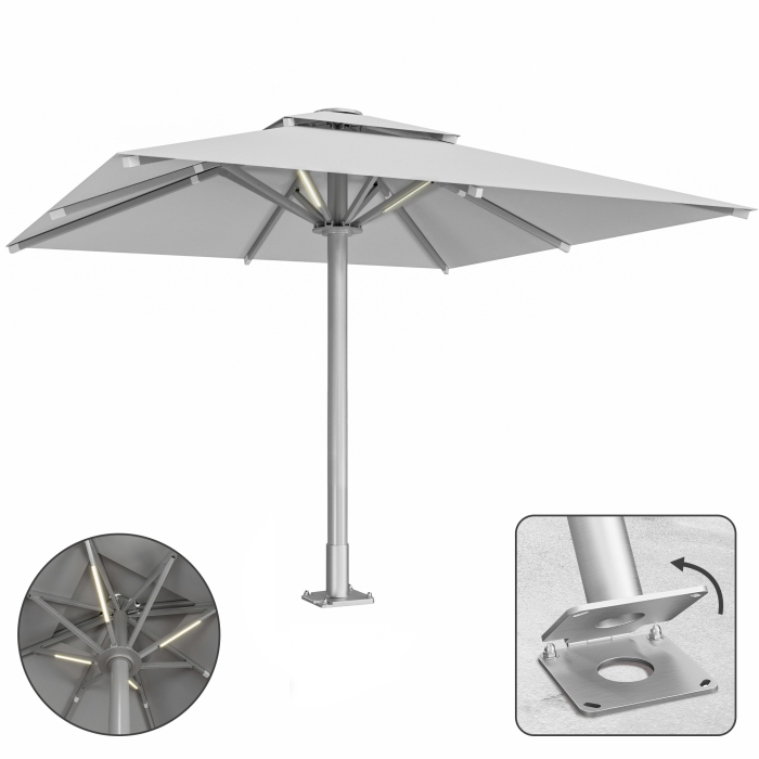 SUN MATEO | Parasol Gastro | B:T 300 x 300 cm | Gris | LED + Plaque d'ancrage à charnière | Carré