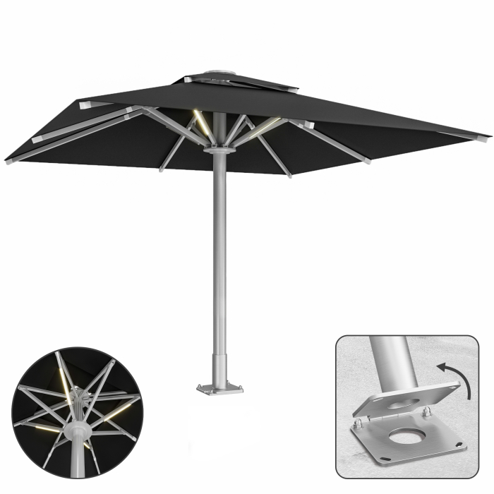 SUN MATEO | Parasol de gastronomie | B:T 300 x 300 cm | Noir | LED + plaque d'ancrage avec charnière | Carré