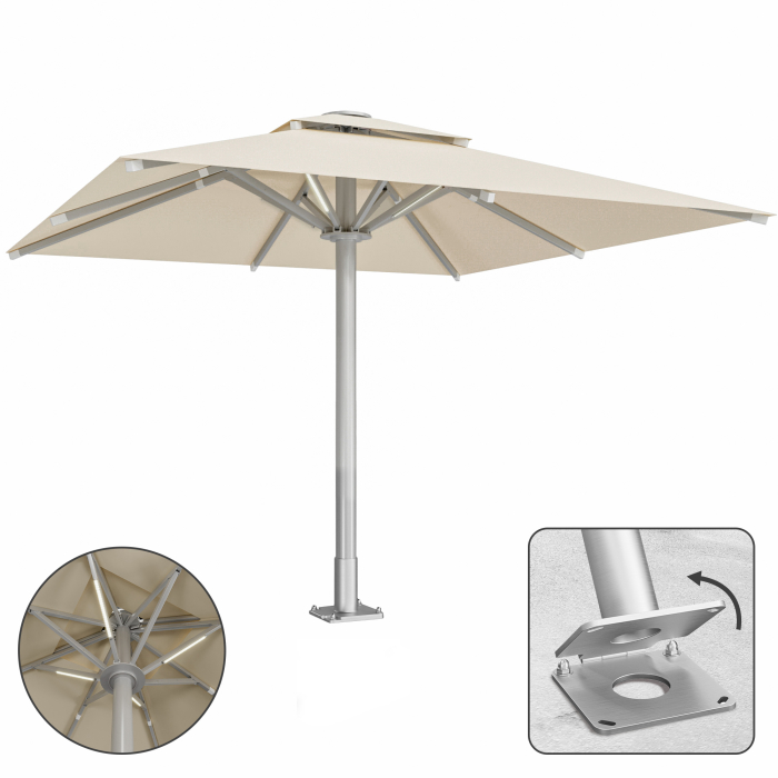 SUN LEON | Parasol Gastro Premium | B:T 400 x 400 cm | Taupe | LED + Plaque d'ancrage avec charnière | Carré