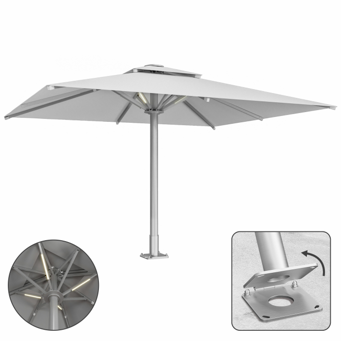 SUN LEON | Parasol Gastro Premium | B:T 400 x 500 cm | Gris | LED + Plaque d'ancrage Charnière | Rectangulaire