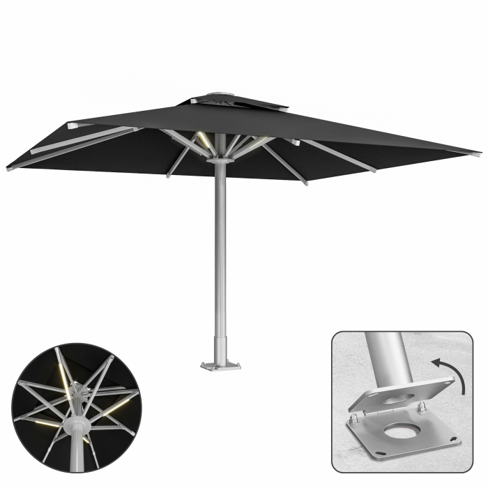 SUN MATEO | Parasol Gastro | B:T 300 x 400 cm | Noir | LED + plaque d'ancre charnière | Rectangulaire