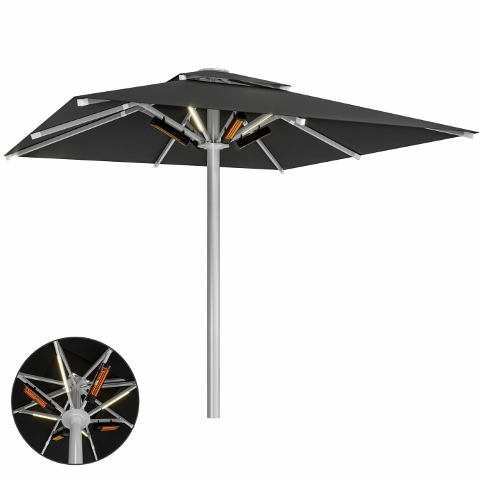 SUN LEON | Parasol Gastro Premium | B:T 400 x 400 cm | Noir | Chauffage 230V | Carré