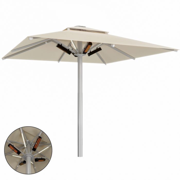 SUN LEON | Parasol Gastro Premium | B:T 400 x 400 cm | Taupe | LED + Chauffage 230V | Carré
